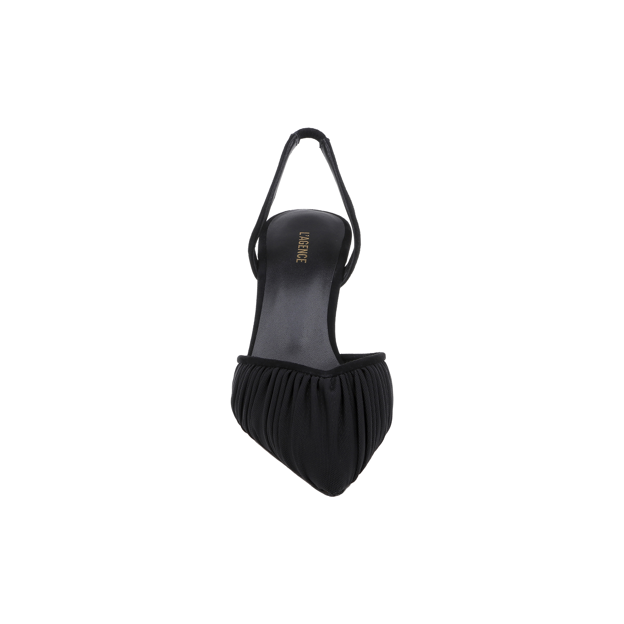 A single Bowery Mesh Slingback Pump in black, featuring a pointed toe, ruched mesh fabric design, and a low heel, is viewed from above on a plain white background.