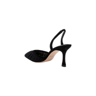 The Bowery Mesh Slingback Pump, featuring a gathered black mesh texture, pointed toe, and tan sole, is displayed on a plain white background.