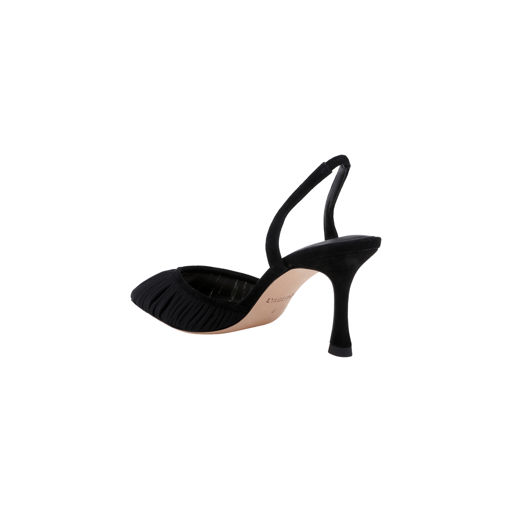 The Bowery Mesh Slingback Pump, featuring a gathered black mesh texture, pointed toe, and tan sole, is displayed on a plain white background.