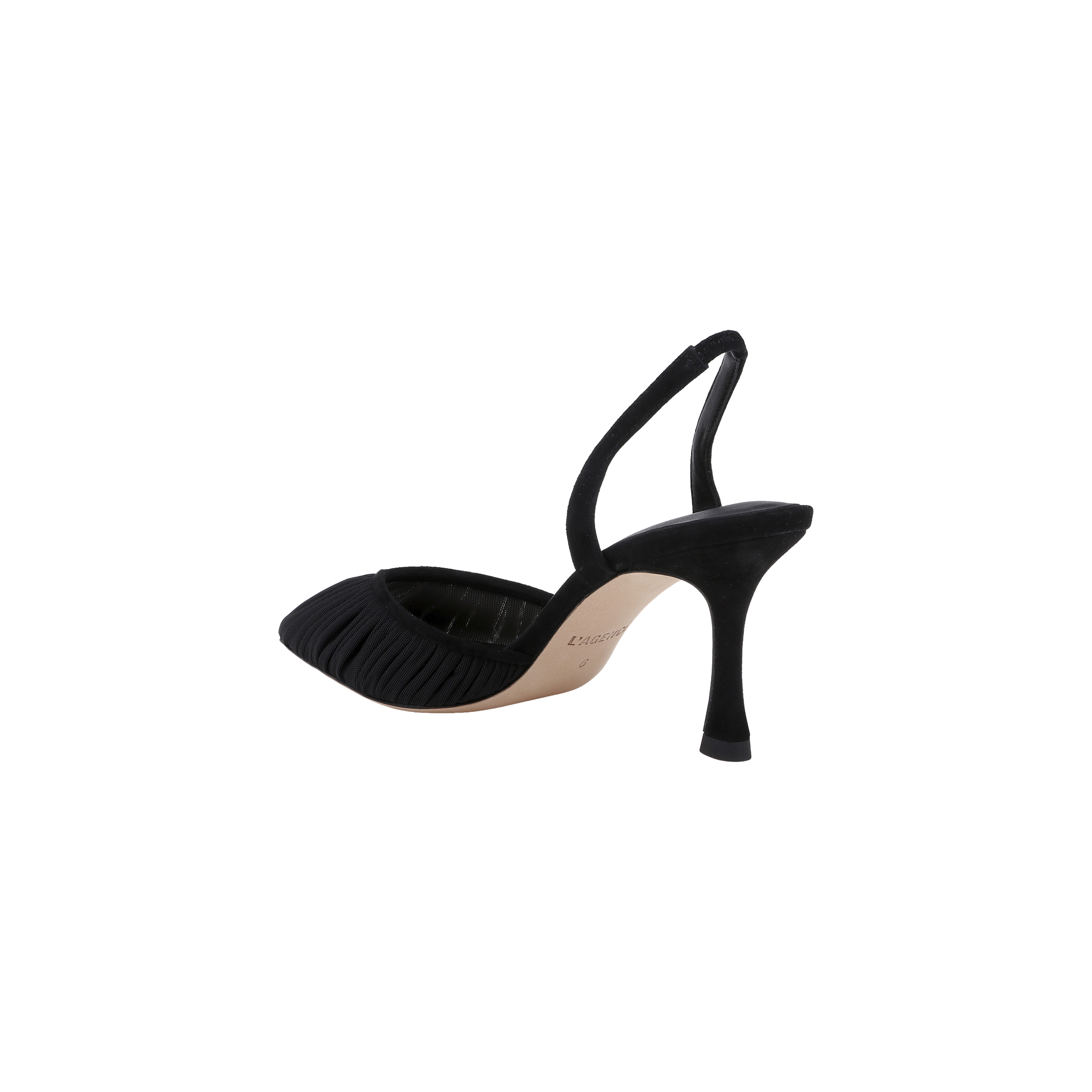 The Bowery Mesh Slingback Pump, featuring a gathered black mesh texture, pointed toe, and tan sole, is displayed on a plain white background.