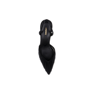 The Bowery Mesh Slingback Pump is a black pointed-toe heel featuring ruched detailing and a slingback strap, shown from above on a plain white background. The insole displays the LAREINE brand name in gold lettering.