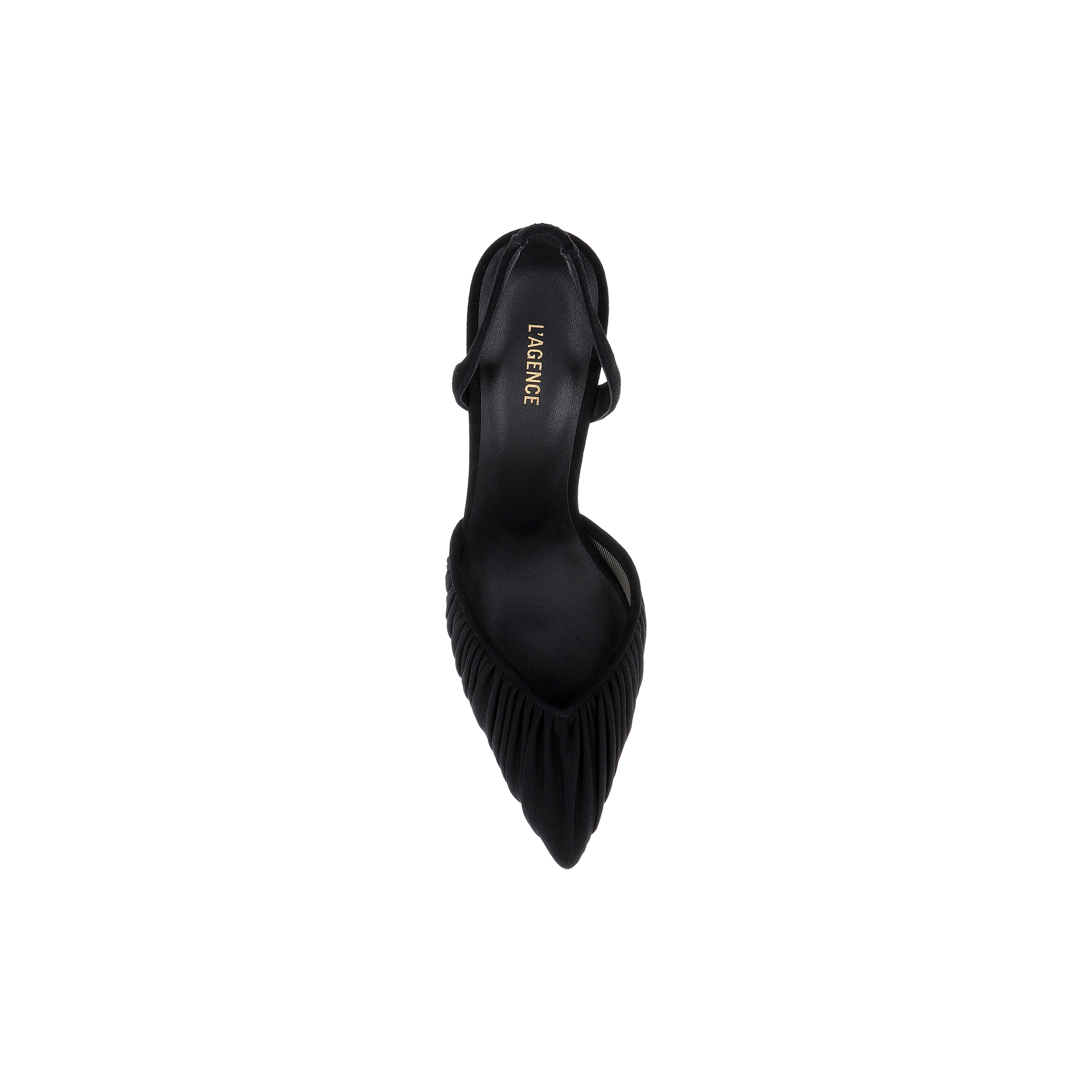 The Bowery Mesh Slingback Pump is a black pointed-toe heel featuring ruched detailing and a slingback strap, shown from above on a plain white background. The insole displays the LAREINE brand name in gold lettering.