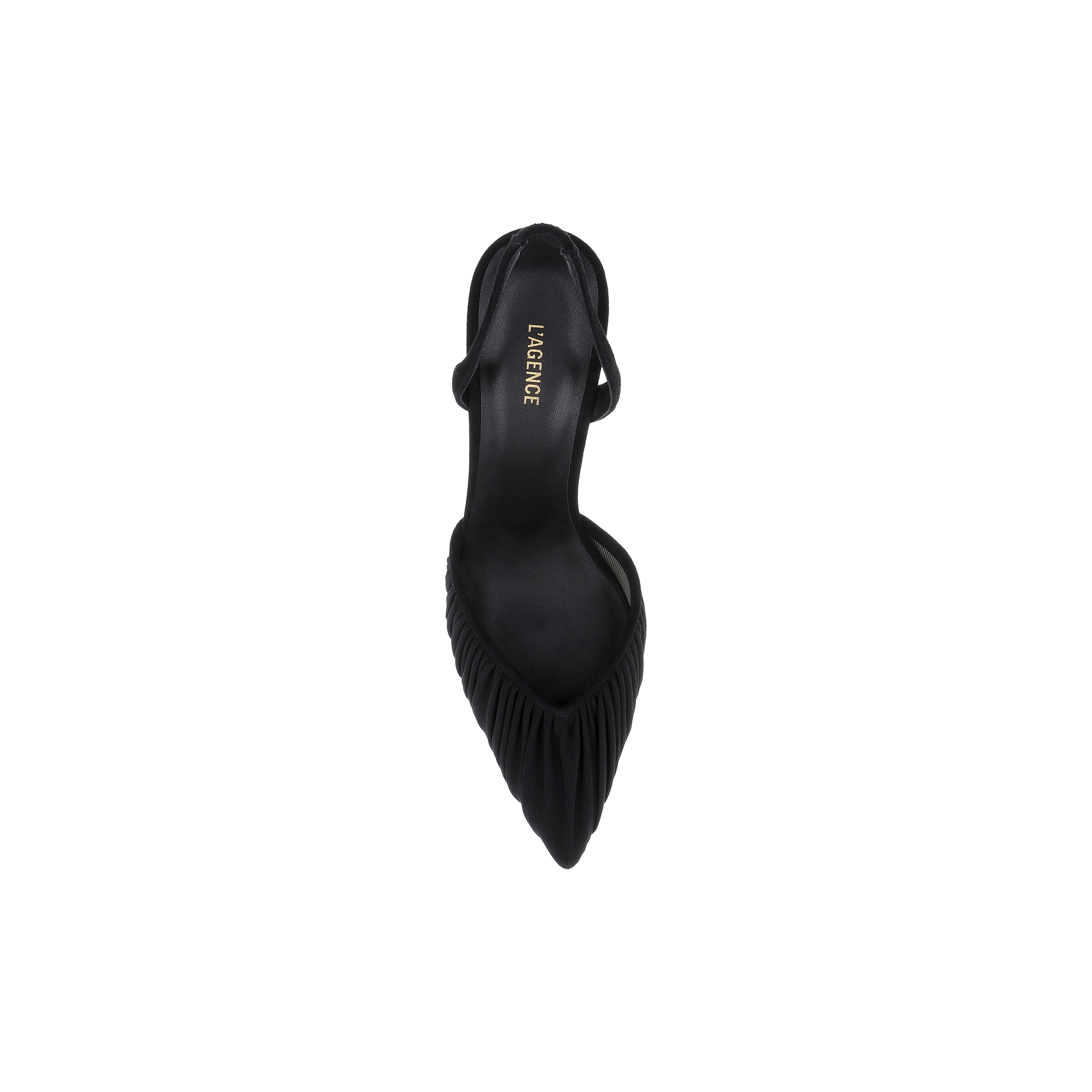 The Bowery Mesh Slingback Pump is a black pointed-toe heel featuring ruched detailing and a slingback strap, shown from above on a plain white background. The insole displays the LAREINE brand name in gold lettering.