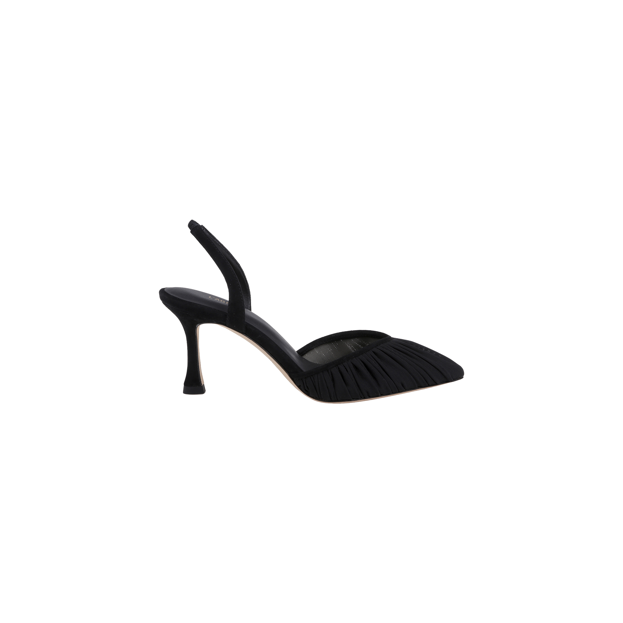 The Bowery Mesh Slingback Pump is a black ruched mesh heel with a pointed toe and an elegant slingback design, shown on a plain white background.