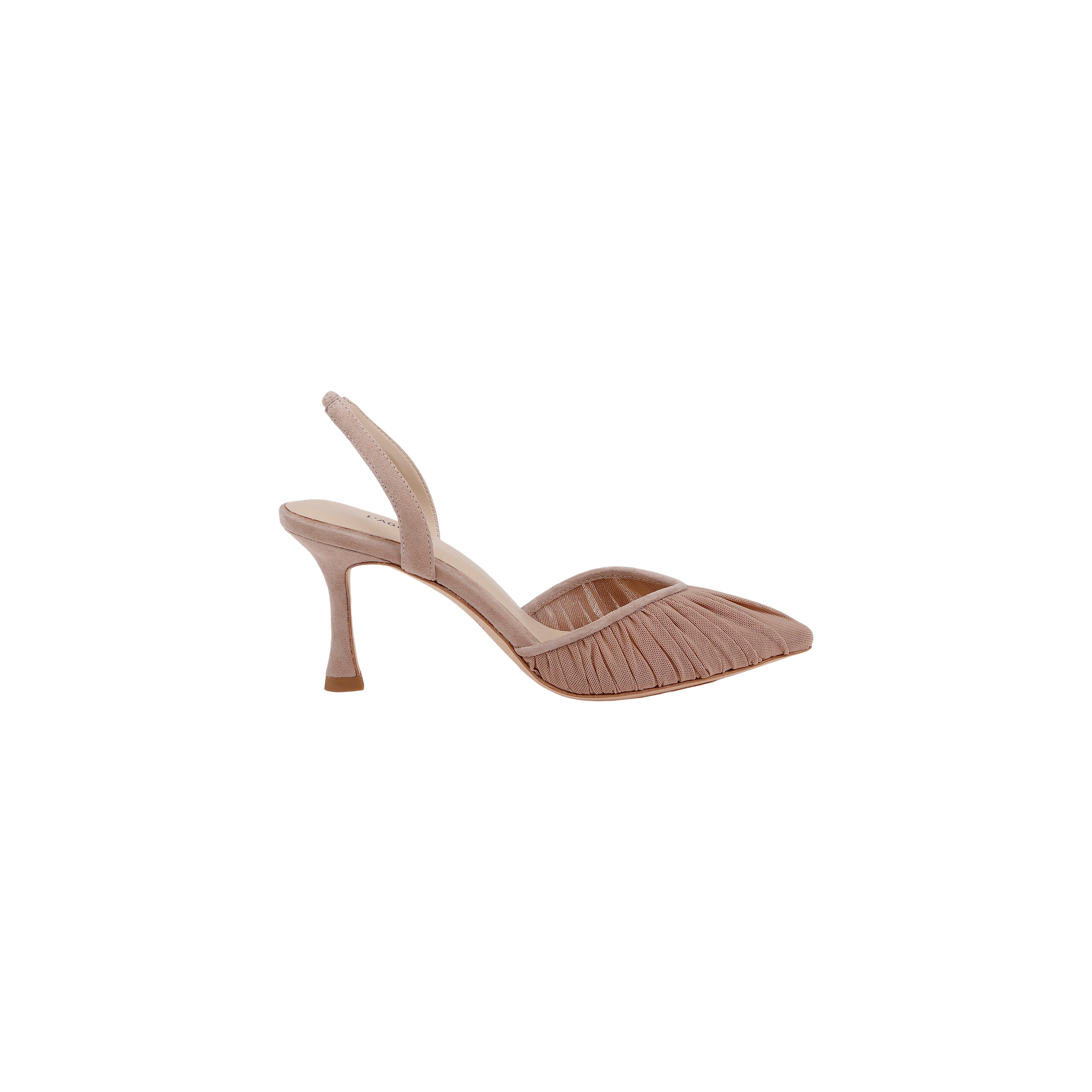 Introducing the Bowery Mesh Slingback Pump—a neutral tan pump with a pointed toe and ruched mesh detailing along the sides, featuring a refined heel and displayed against a plain white background.