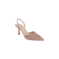 The Bowery Mesh Slingback Pump is shown as a single blush pink high-heeled shoe with a refined heel, pointed toe, and pleated detailing on the front, displayed against a white background.