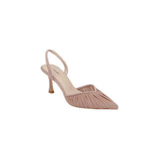 The Bowery Mesh Slingback Pump is a single blush pink high heel shoe with a pointed toe and refined heel, featuring ruched mesh pleated detailing on the front, displayed on a plain white background.
