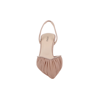 The Bowery Mesh Slingback Pump in blush pink features a pointed toe, pleated mesh detailing, and a refined heel, photographed from above on a white background.