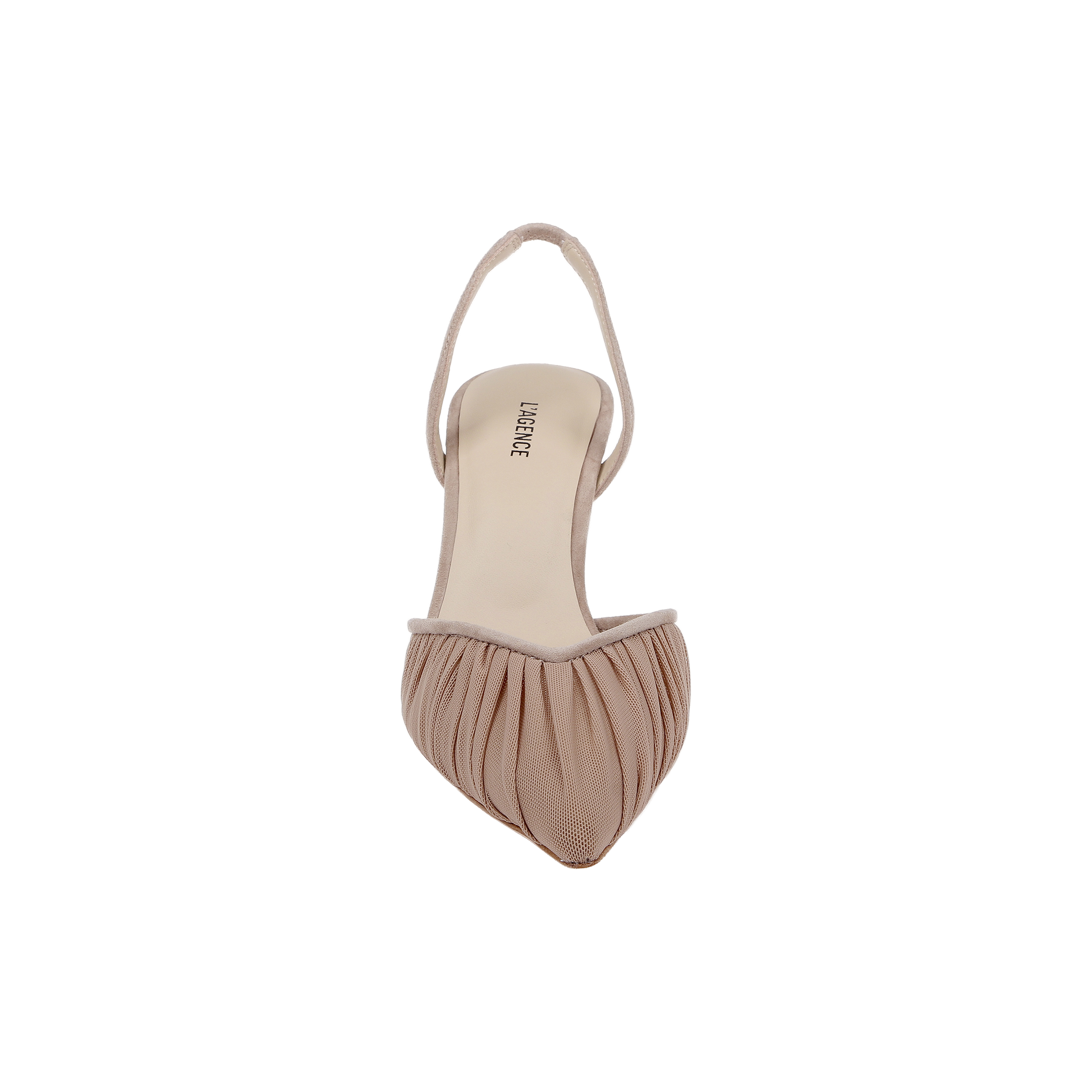 Top view of the Bowery Mesh Slingback Pump in nude pink, featuring a pointed toe, pleated mesh texture on the front, and a refined heel, set against a plain white background.