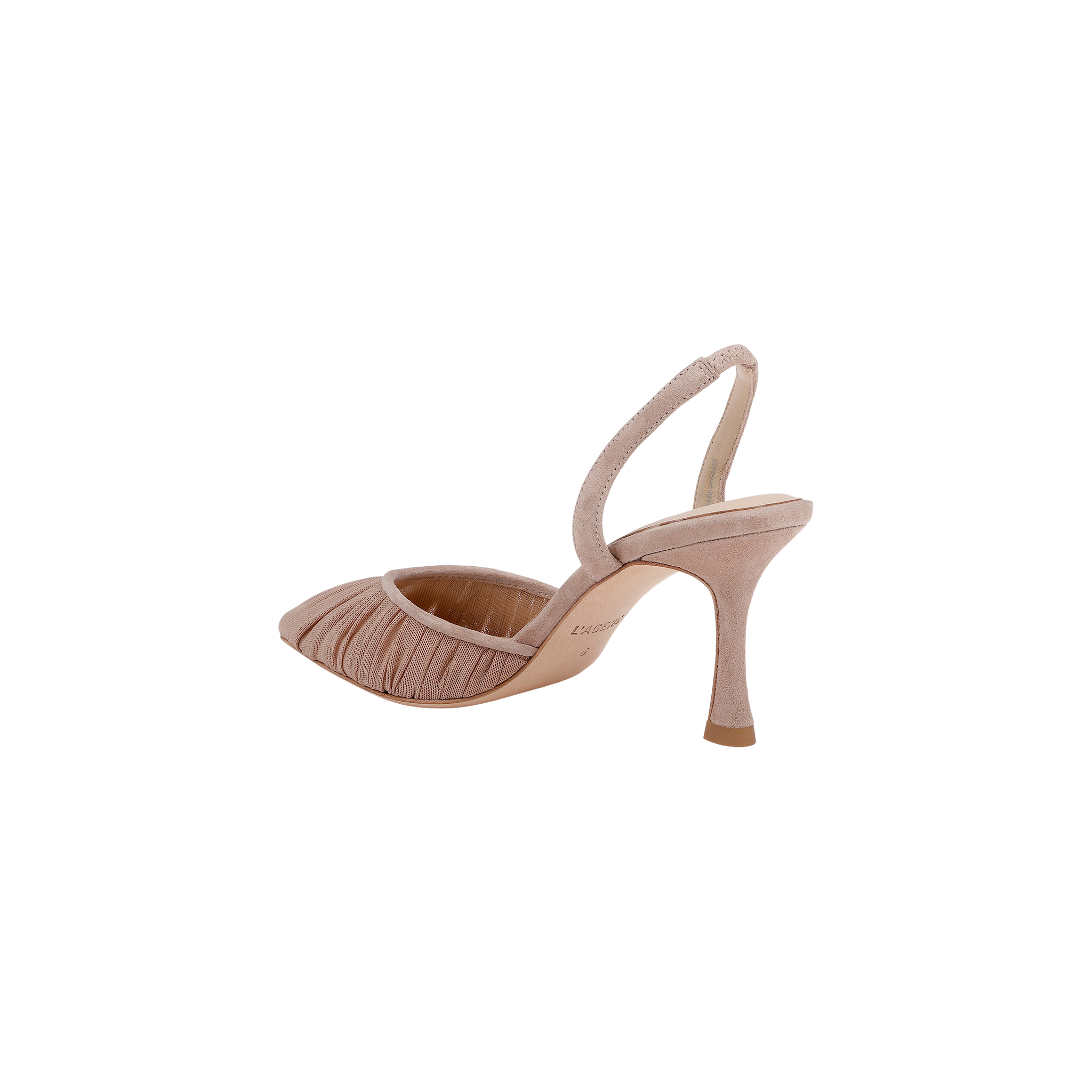 A single Bowery Mesh Slingback Pump in blush pink, featuring a refined heel, pointed toe, pleated front detailing, and an open back with a slim slingback strap, displayed against a plain white background.