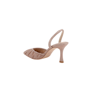 The Bowery Mesh Slingback Pump is a taupe high-heeled shoe with a refined heel, pointed toe, and pleated detailing on the front, displayed against a white background.