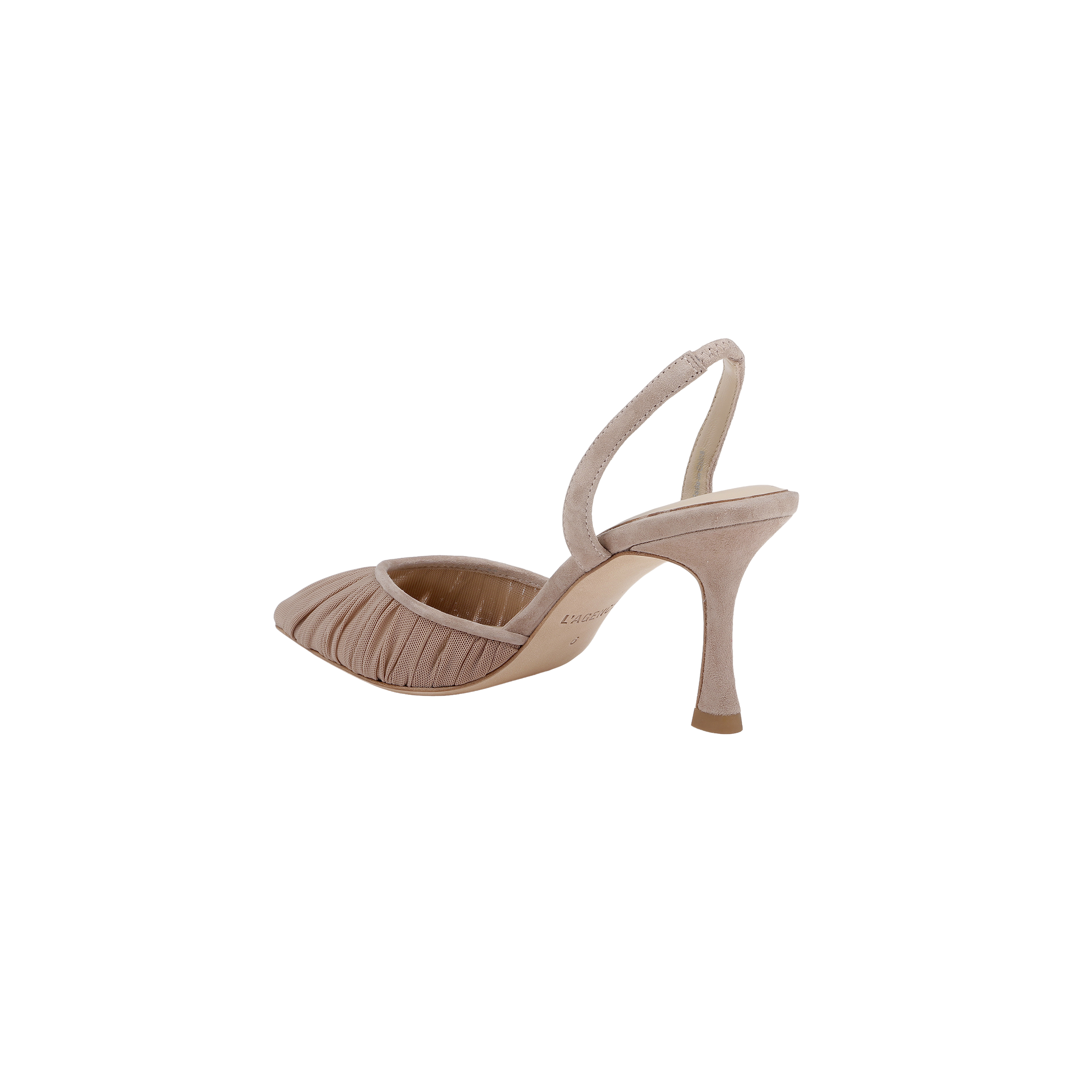 A single Bowery Mesh Slingback Pump in blush pink, featuring a refined heel, pointed toe, pleated front detailing, and an open back with a slim slingback strap, displayed against a plain white background.