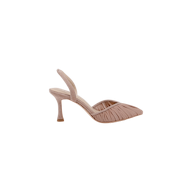 The Bowery Mesh Slingback Pump—a single neutral tan heeled sandal featuring a slingback strap, pleated detailing on the pointed toe, and a refined heel—is displayed on a plain white background.