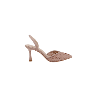 The Bowery Mesh Slingback Pump is a nude, pointed-toe heel featuring a ruched design on the toe and a slim, refined heel, displayed on a plain white background.