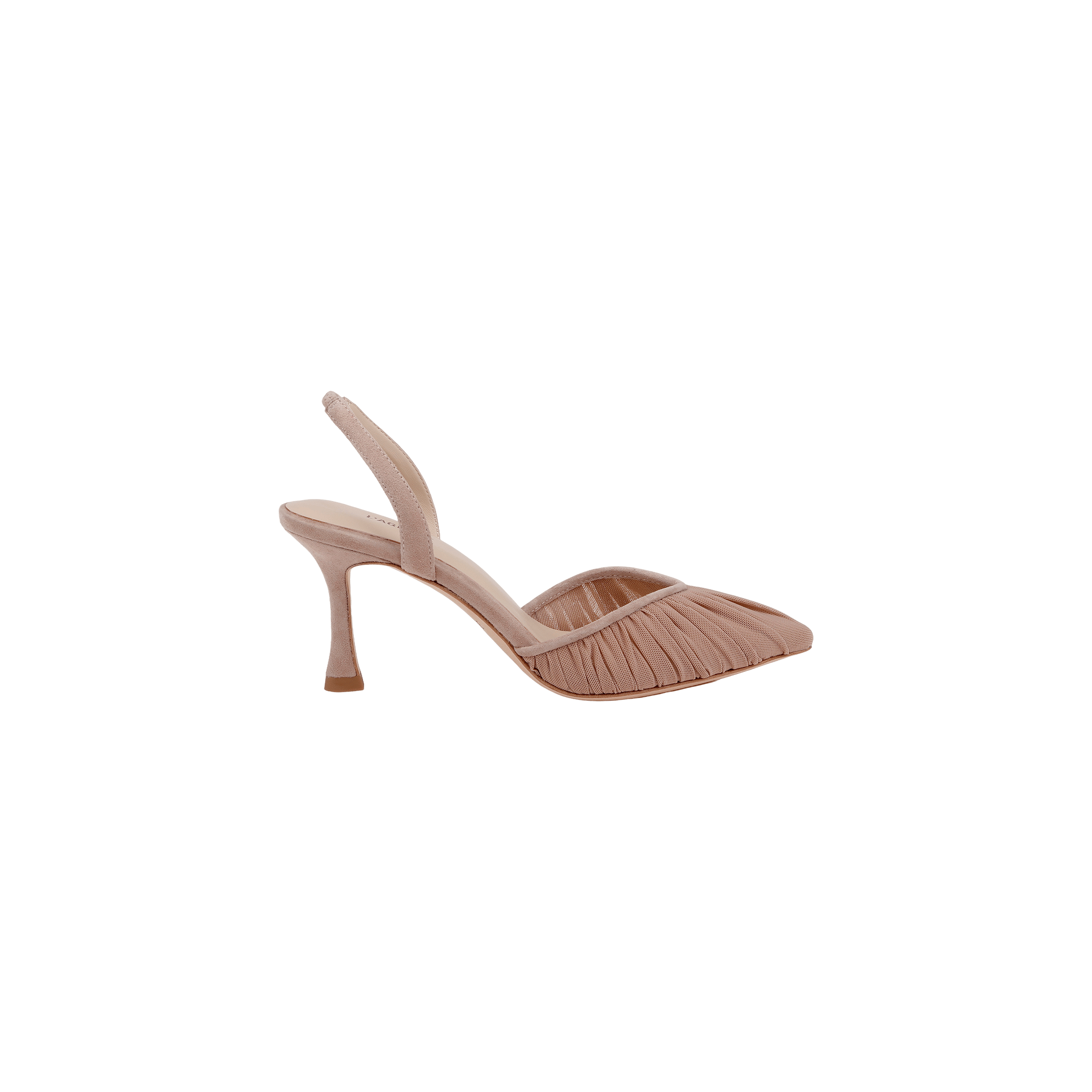 The Bowery Mesh Slingback Pump—a single neutral tan heeled sandal featuring a slingback strap, pleated detailing on the pointed toe, and a refined heel—is displayed on a plain white background.