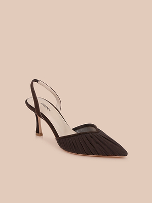 The Bowery Mesh Slingback Pump, a black pointed-toe heel with a ruched mesh vamp, pleated details, and a low stiletto heel, is shown on a light beige background.