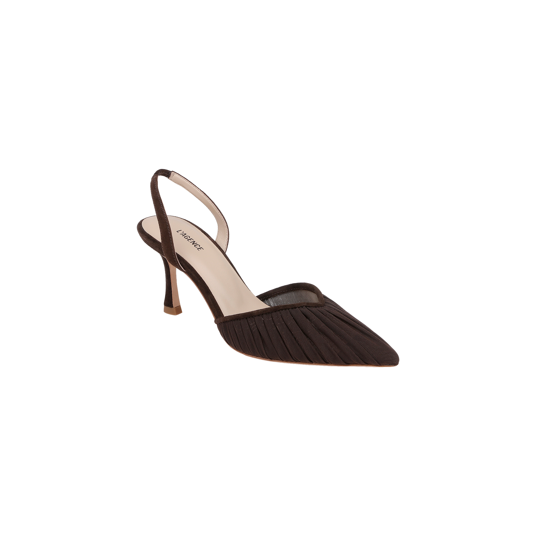The Bowery Mesh Slingback Pump is a sophisticated chocolate brown pointed-toe heel featuring pleated detailing and a slender high heel, shown against a white background.