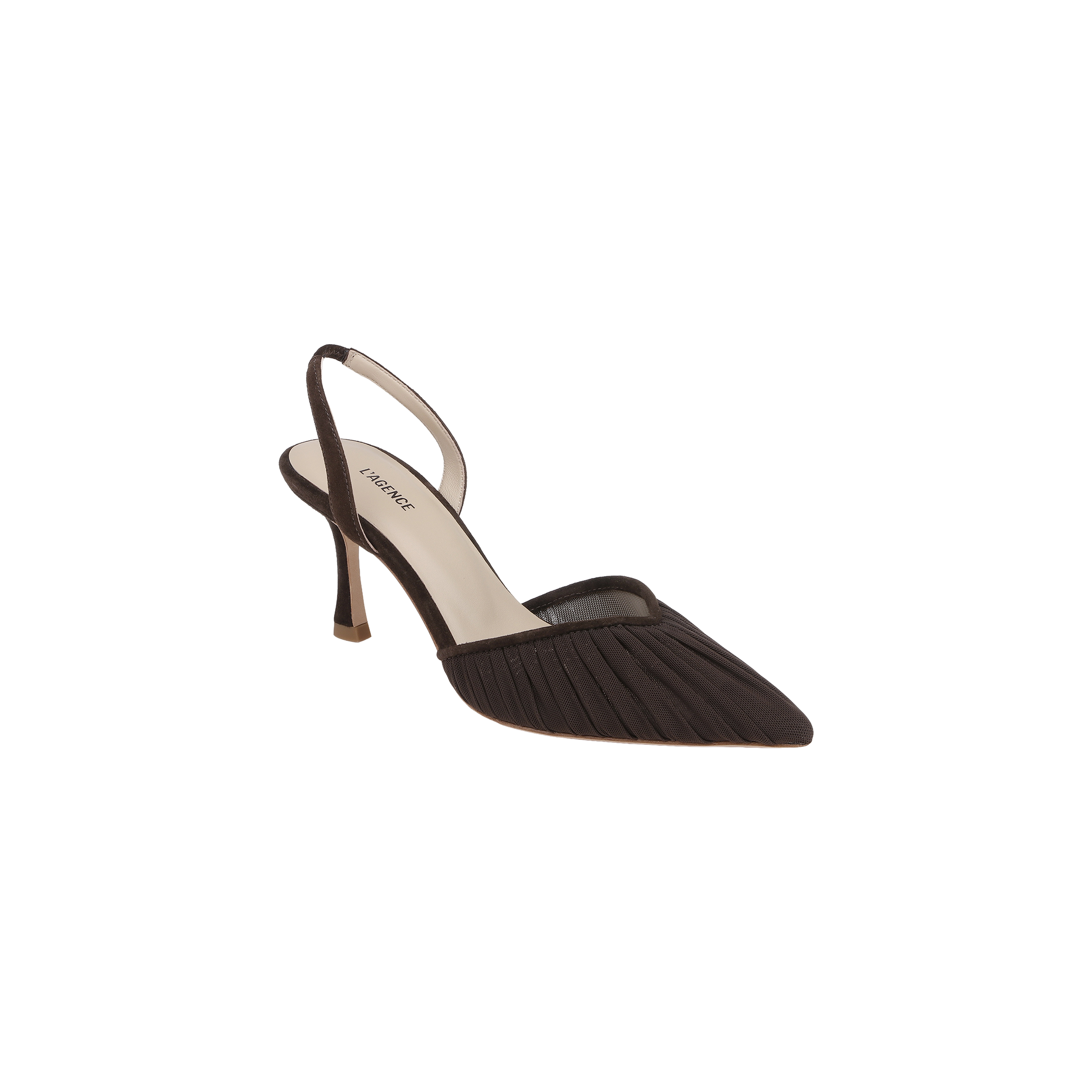 The Bowery Mesh Slingback Pump is a sophisticated chocolate brown pointed-toe heel featuring pleated detailing and a slender high heel, shown against a white background.