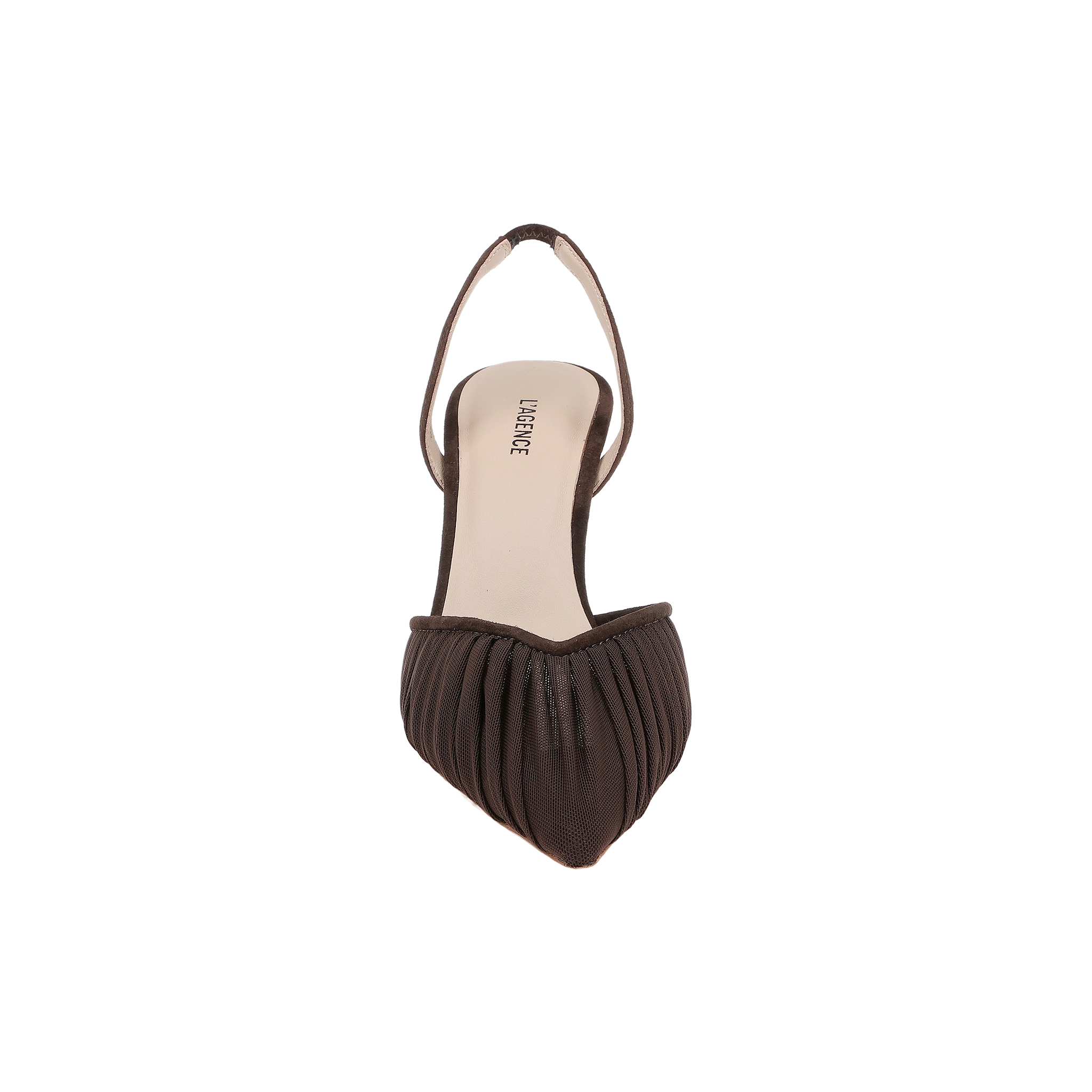 Top view of the Bowery Mesh Slingback Pump, a brown pointed-toe women’s slingback heel with pleated detailing on the front and a beige insole displaying the brand name LIMEROSE. This elegant style features refined chocolate brown heels for a sophisticated finish.