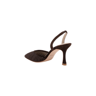 The Bowery Mesh Slingback Pump, featuring a dark brown pointed toe, mid-height heel, pleated mesh texture, and a slingback strap, is displayed against a plain white background.