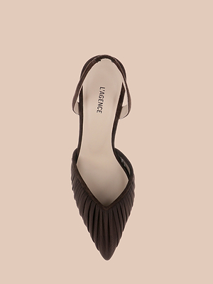 The Bowery Mesh Slingback Pump features a pointed toe, chocolate brown color, ruched mesh vamp, and pleated detailing. Shown from above on a beige background with LAGENCE on the insole.