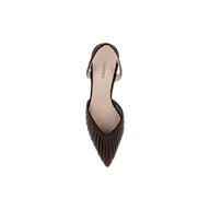 Top view of a single Bowery Mesh Slingback Pump in chocolate brown, featuring a pointed toe, pleated detailing, beige insole, and open back, displayed on a plain white background.