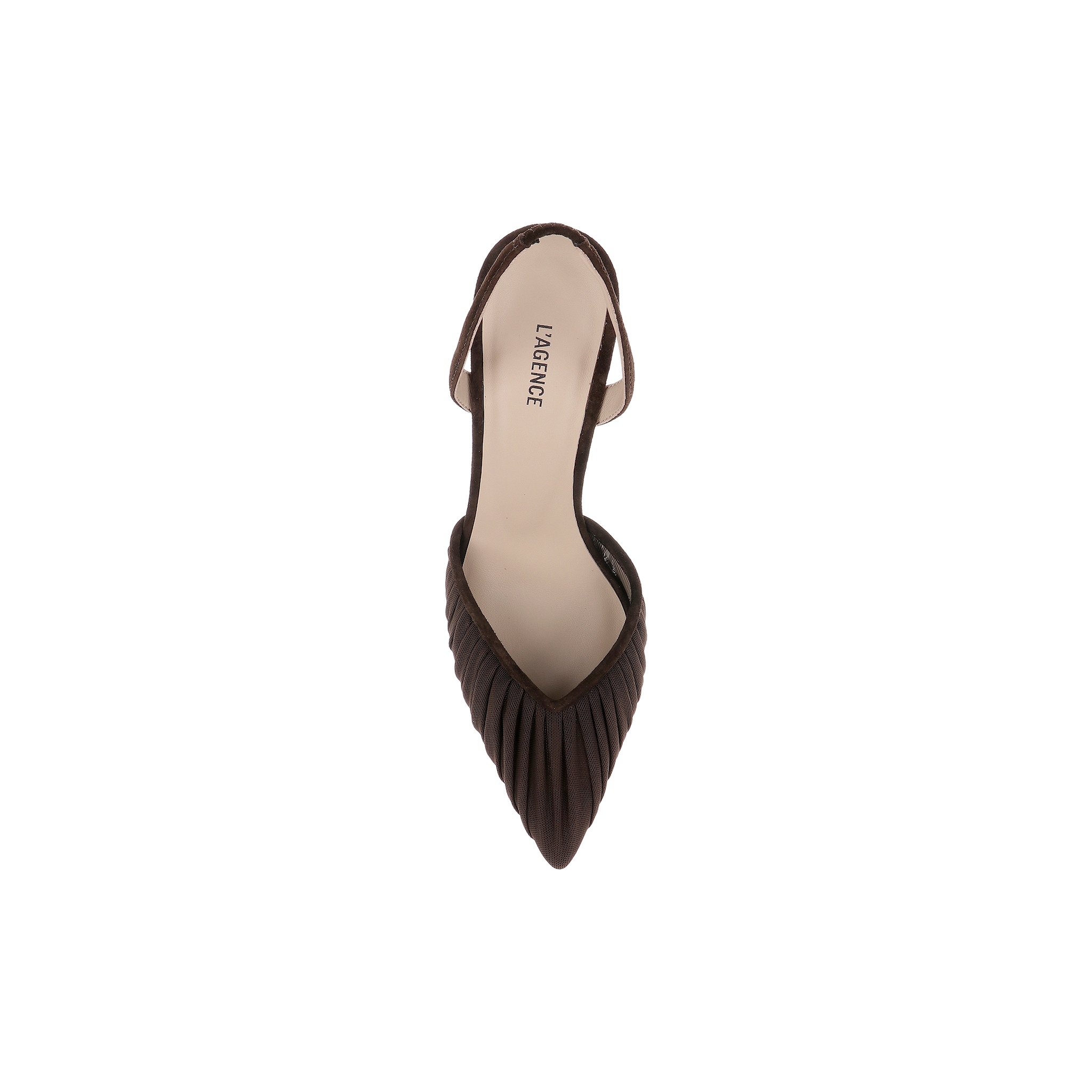 Top view of a single Bowery Mesh Slingback Pump in chocolate brown, featuring a pointed toe, pleated detailing, beige insole, and open back, displayed on a plain white background.