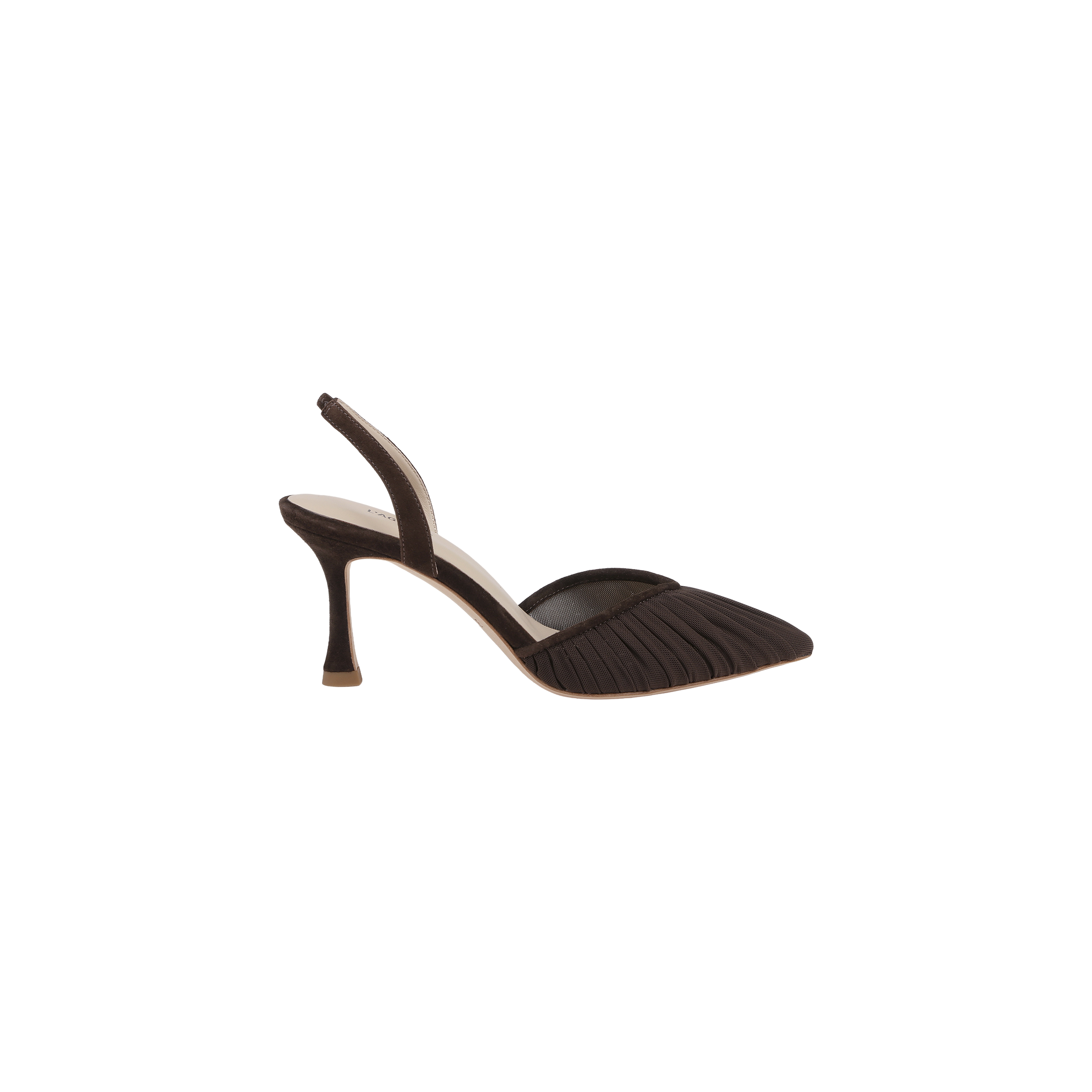 The Bowery Mesh Slingback Pump, featuring a chocolate brown hue with a pointed toe and pleated detailing, is displayed against a plain white background.