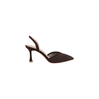 The Bowery Mesh Slingback Pump, featuring a brown pointed toe, mid-height heel, and pleated detailing, is displayed on a white background.