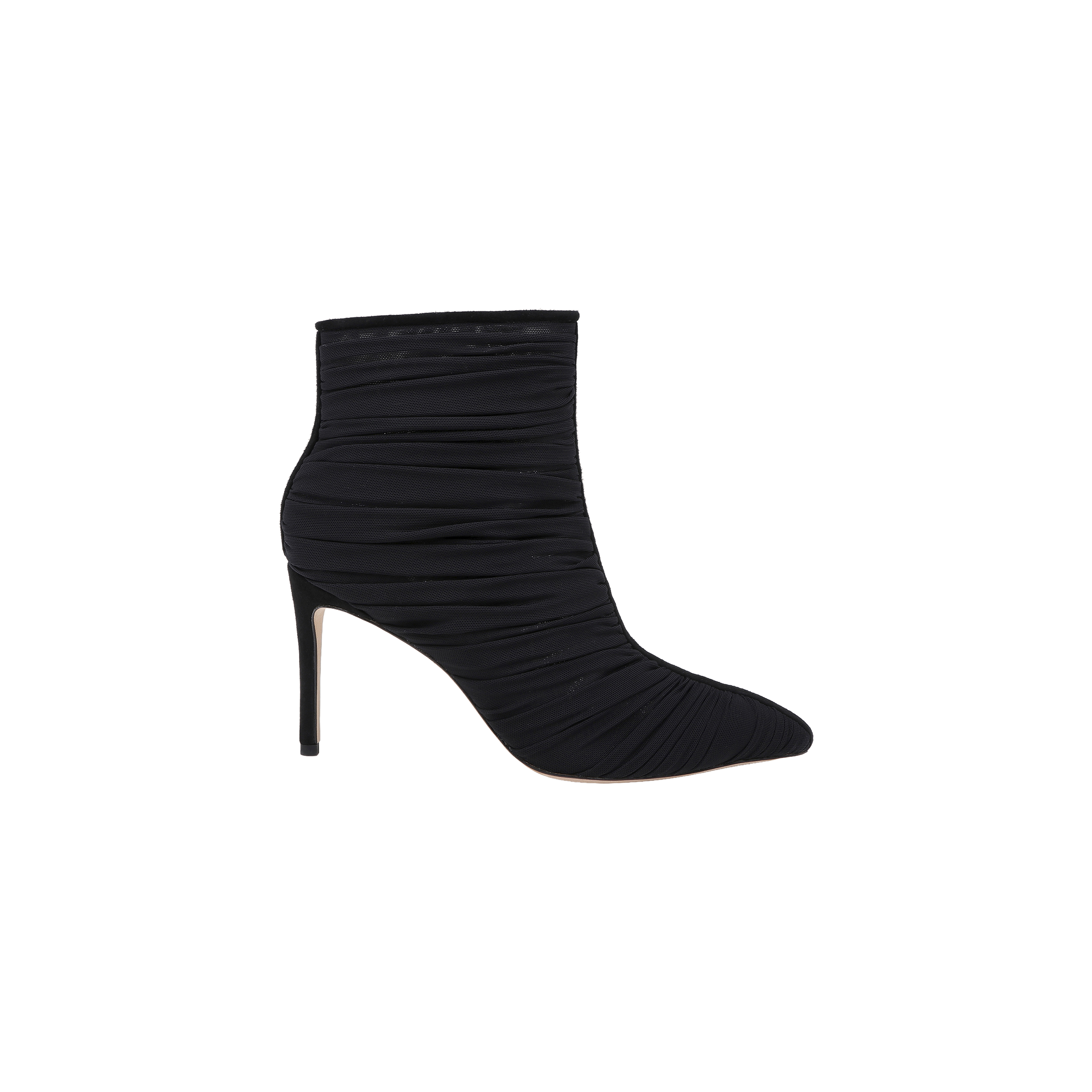 The Fulton Mesh Bootie is a black high-heeled stiletto bootie featuring a pointed toe and ruched mesh fabric texture, displayed in side profile against a plain white background.