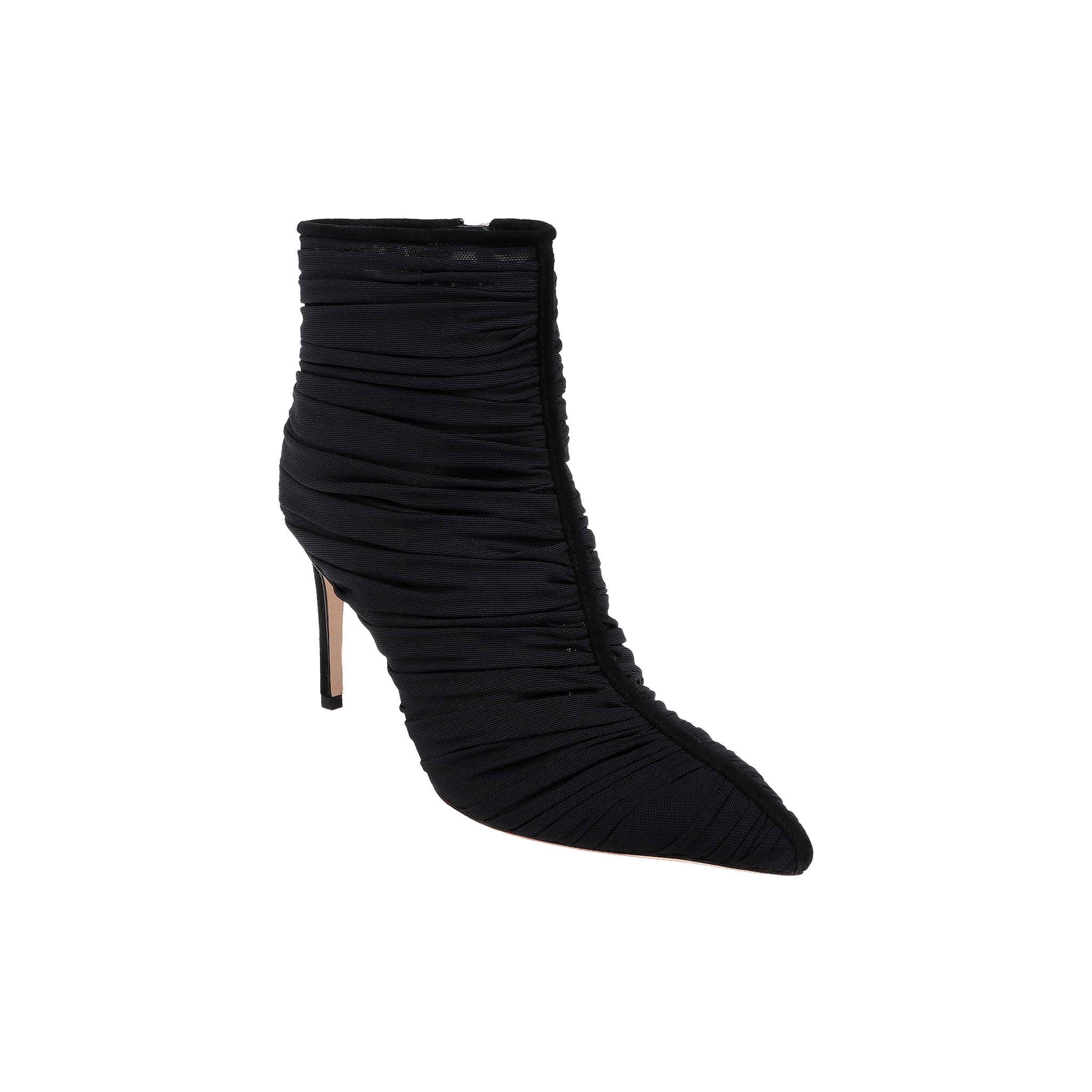 The Fulton Mesh Bootie features a black ruched mesh design with a pointed toe and high stiletto heel, photographed against a plain white background.