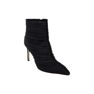 The Fulton Mesh Bootie features a black ruched mesh design with a pointed toe and high stiletto heel, photographed against a plain white background.