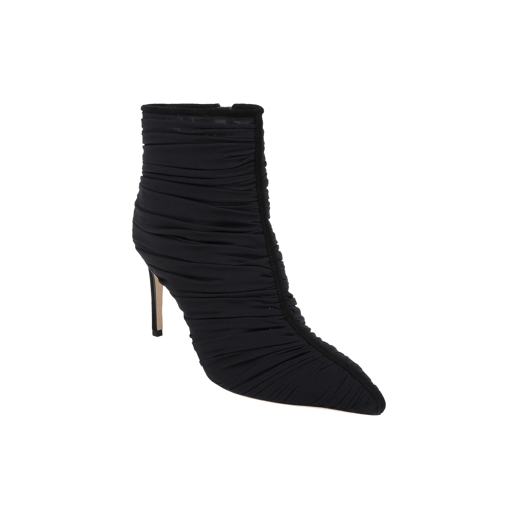 The Fulton Mesh Bootie features a black ruched mesh design with a pointed toe and high stiletto heel, photographed against a plain white background.