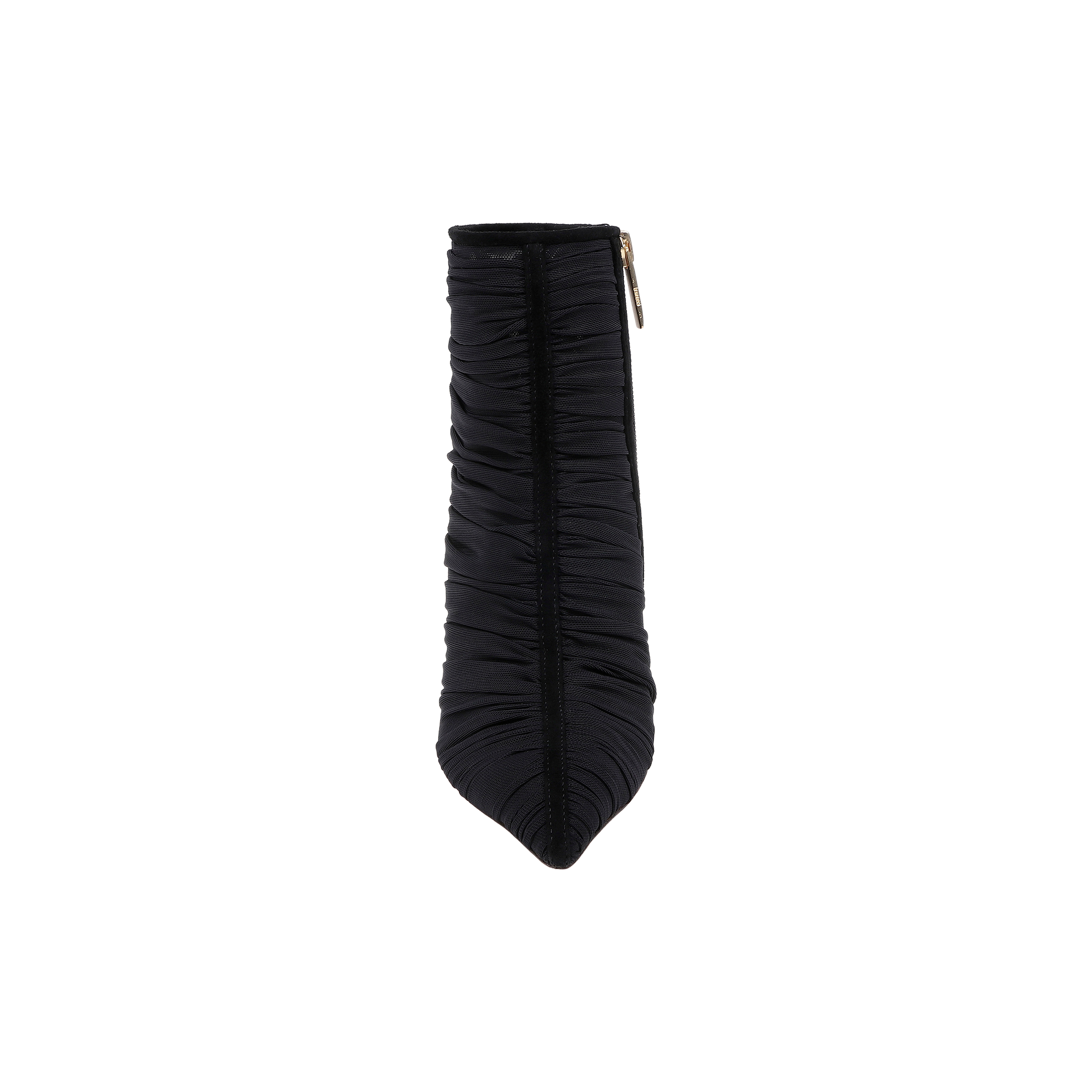 A top-down view of the Fulton Mesh Bootie, featuring black ruched mesh fabric and a pointed toe. The stiletto bootie’s gold side zipper is visible against the white background.