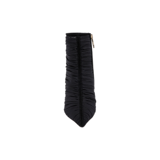 A top-down view of the Fulton Mesh Bootie, featuring black ruched mesh fabric and a pointed toe. The stiletto bootie’s gold side zipper is visible against the white background.