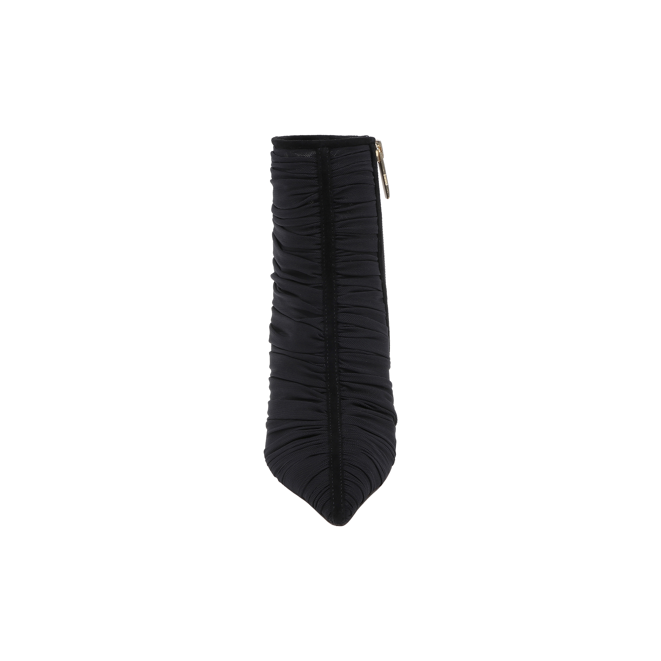 A top-down view of the Fulton Mesh Bootie, featuring black ruched mesh fabric and a pointed toe. The stiletto bootie’s gold side zipper is visible against the white background.