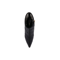 Top view of a black Fulton Mesh Bootie with a pointed toe and side zipper on a light grey background. The boot features a textured, ruched design, and “LOEFFLER” is visible on the insole.