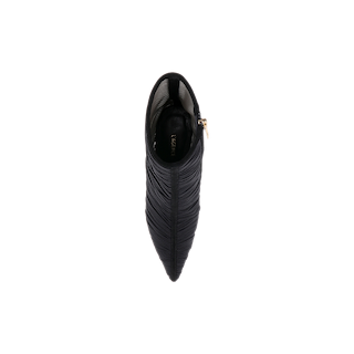 Top view of a black Fulton Mesh Bootie with a pointed toe and side zipper on a light grey background. The boot features a textured, ruched design, and “LOEFFLER” is visible on the insole.