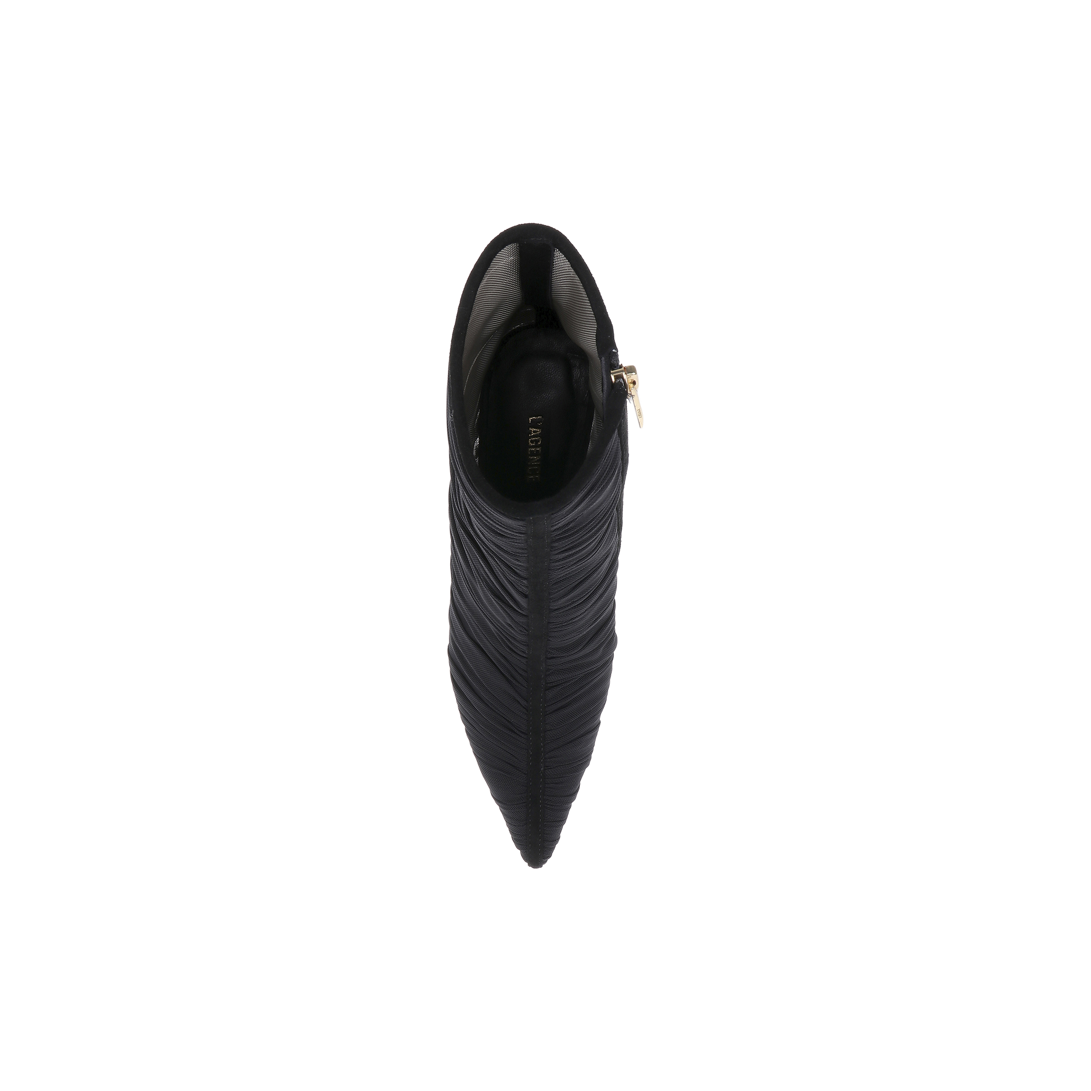 Top view of a black Fulton Mesh Bootie with a pointed toe and side zipper on a light grey background. The boot features a textured, ruched design, and “LOEFFLER” is visible on the insole.
