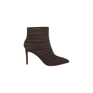 The Fulton Mesh Bootie, featuring a black ruched design, pointed toe, and high heel, is displayed in profile against a plain white background.