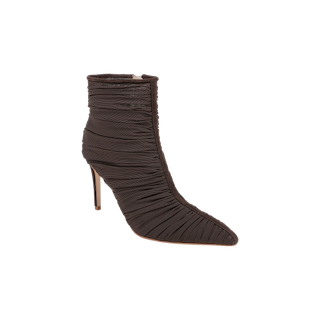 The Fulton Mesh Bootie, featuring a ruched design and pointed toe in chocolate brown fabric, is shown in side profile against a plain white background.