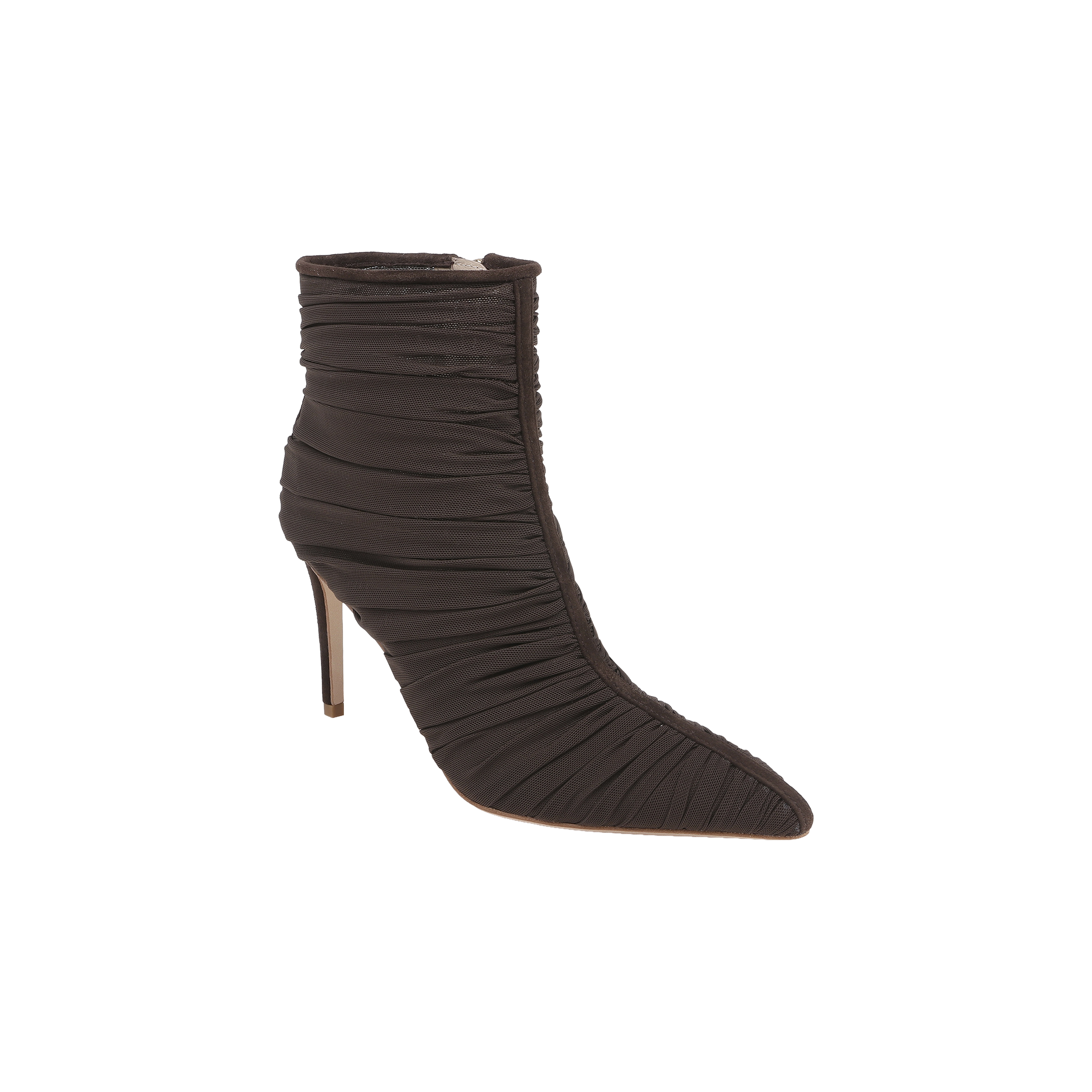 The Fulton Mesh Bootie is a high-heeled stiletto bootie with a pointed toe, crafted from ruched black mesh fabric and set on a slender stiletto heel, showcased against a plain white background.