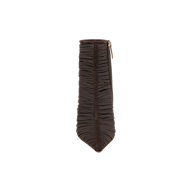A top view of the Fulton Mesh Bootie reveals its chocolate brown, ruched mesh design, pointed toe, stiletto heel, and visible side zipper.