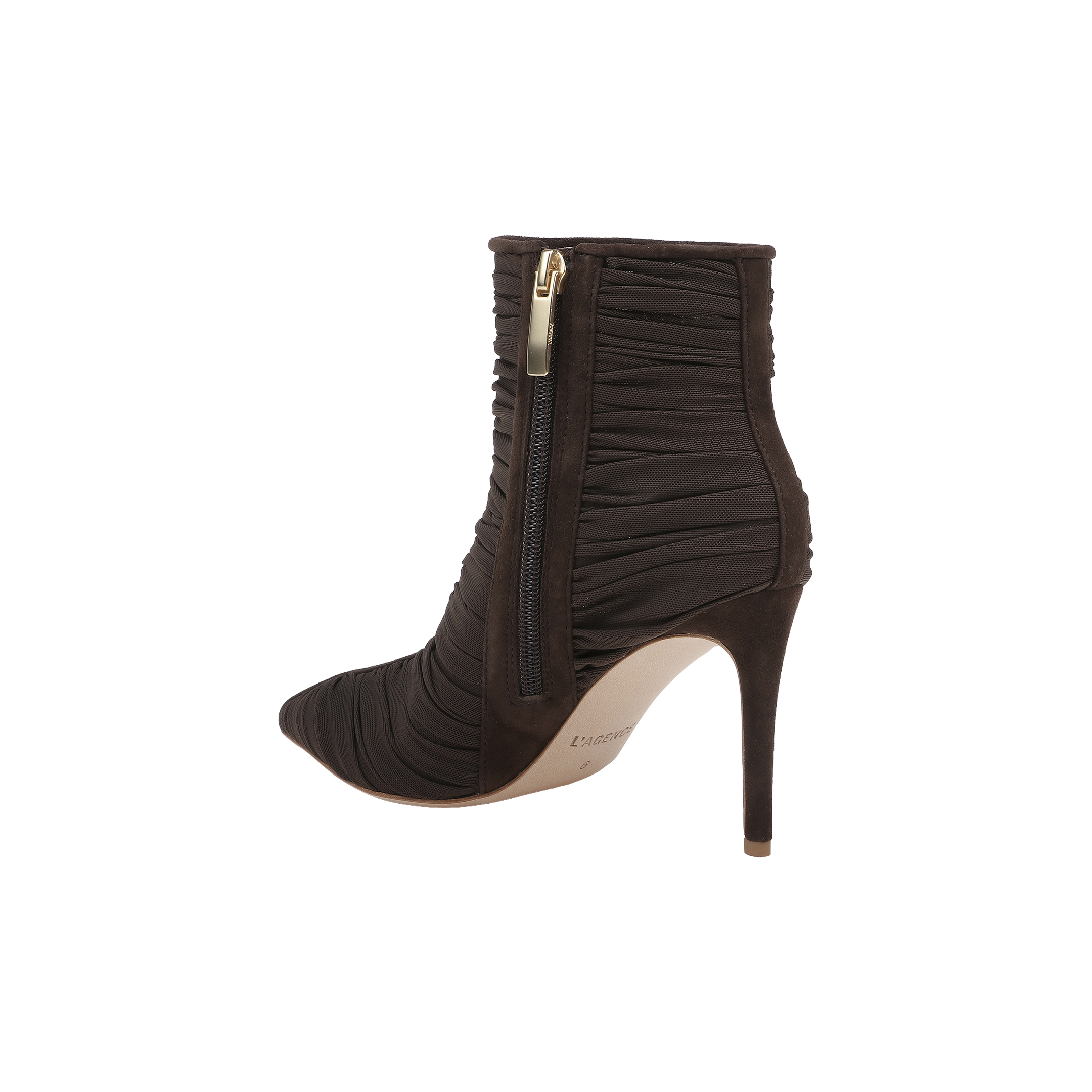 The Fulton Mesh Bootie, shown against a white background, is a chocolate brown stiletto bootie featuring ruched detailing, a high heel, and a side zipper.