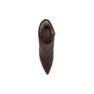 Top view of the Fulton Mesh Bootie in chocolate brown, a pointed-toe stiletto featuring a textured, layered design and a visible side zipper. The insole is printed with the brand name LAGENCE.