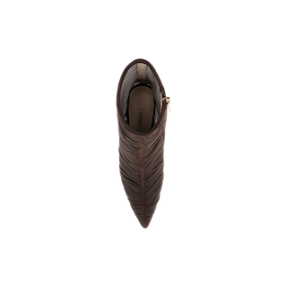 Top view of the Fulton Mesh Bootie in chocolate brown, featuring a pointed toe, textured mesh design, and a side zipper, displayed against a plain white background.