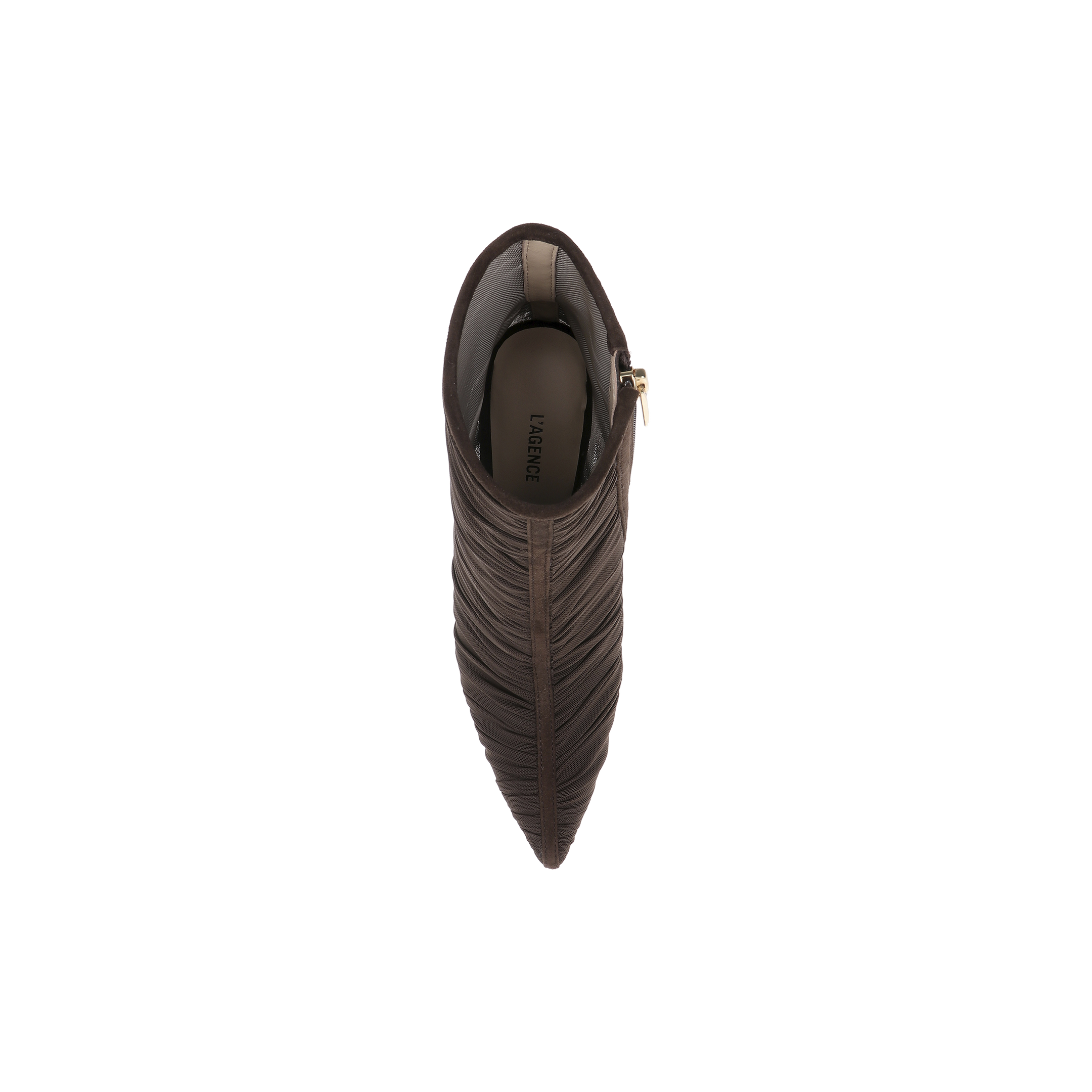 Top view of the Fulton Mesh Bootie in chocolate brown, a pointed-toe stiletto featuring a textured, layered design and a visible side zipper. The insole is printed with the brand name LAGENCE.