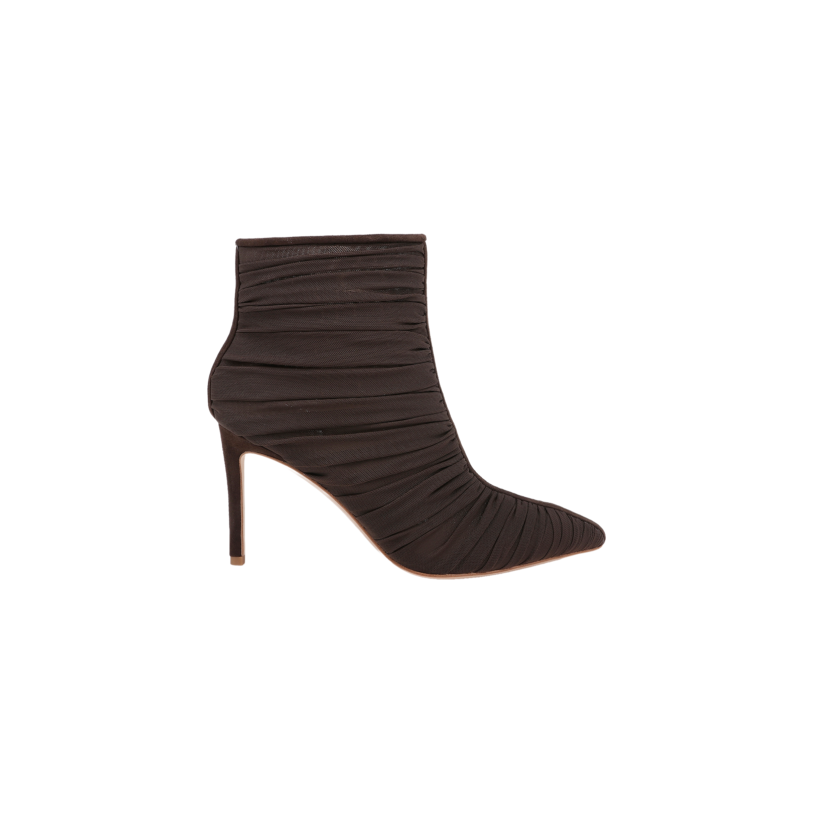 Fulton Mesh Bootie: A black high-heeled stiletto bootie featuring a pointed toe and ruched mesh fabric texture, displayed on a white background.