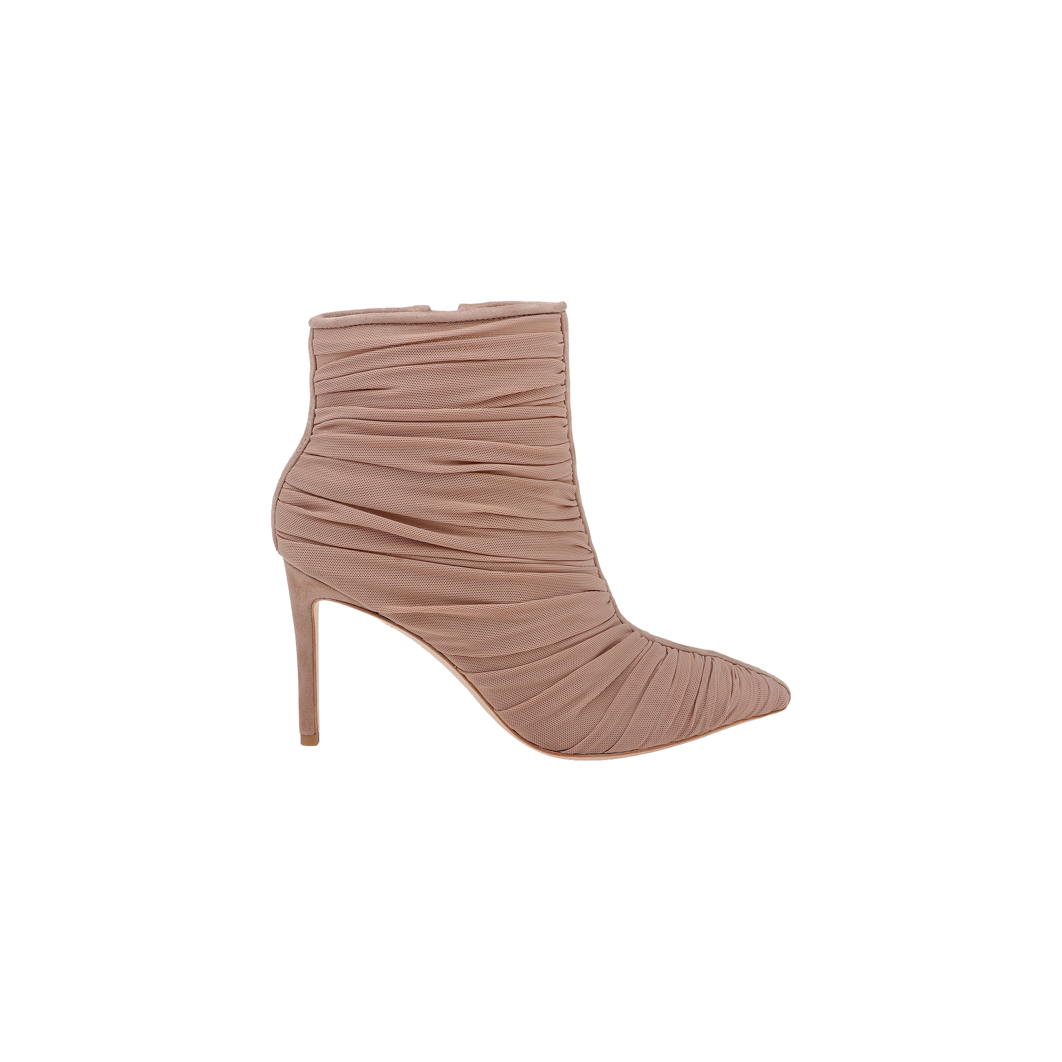 The Fulton Mesh Bootie is a taupe heeled bootie with a pointed toe, featuring ruched fabric detailing along the entire shoe, set against a plain white background.