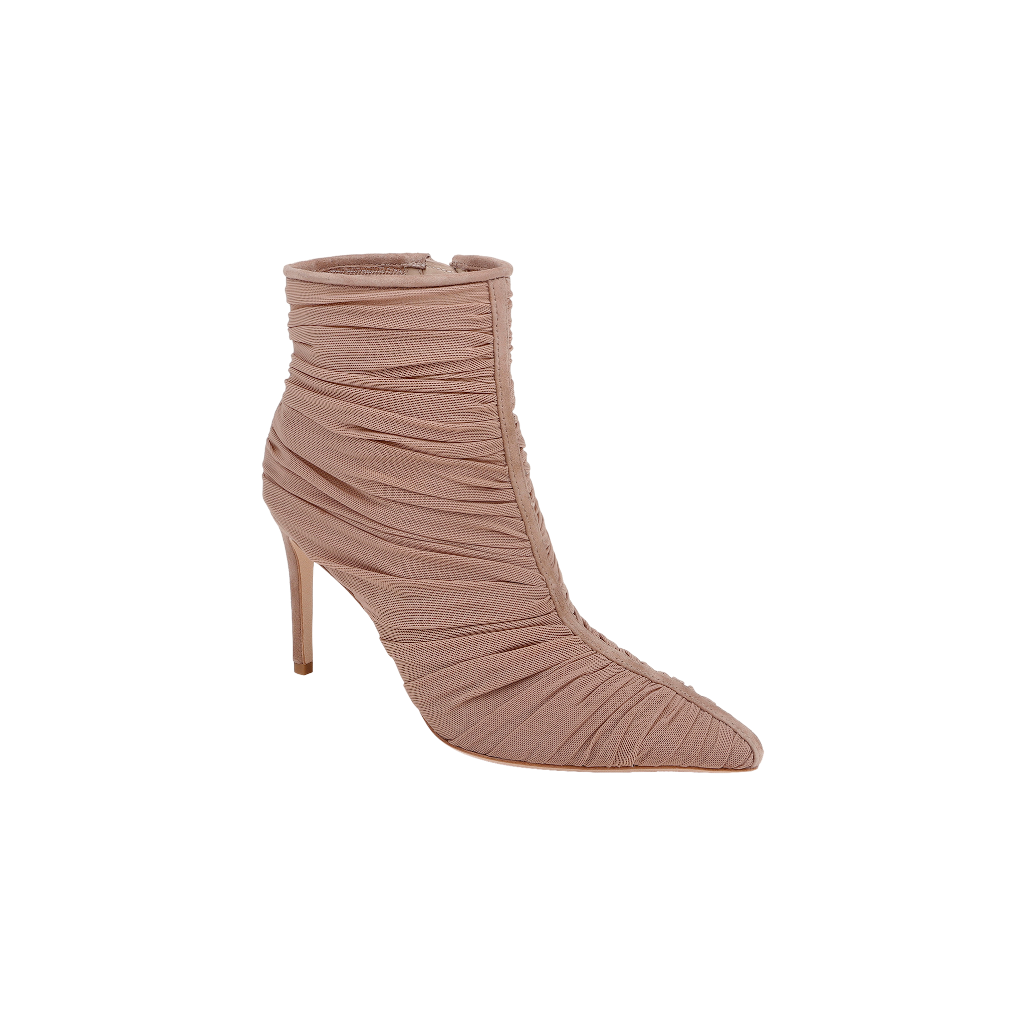 The Fulton Mesh Bootie features a high stiletto heel and pointed toe, crafted from soft, gathered taupe mesh. Displayed solo on a white background, this bootie highlights its elegant ruched texture and sophisticated design.